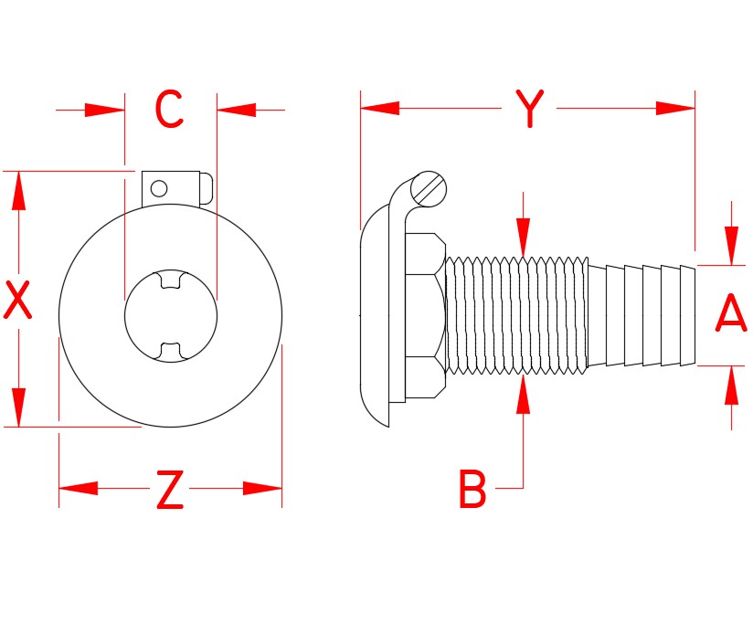 Stainless Steel Thru-Hull Hose Connect, S3815-0, Line Drawing